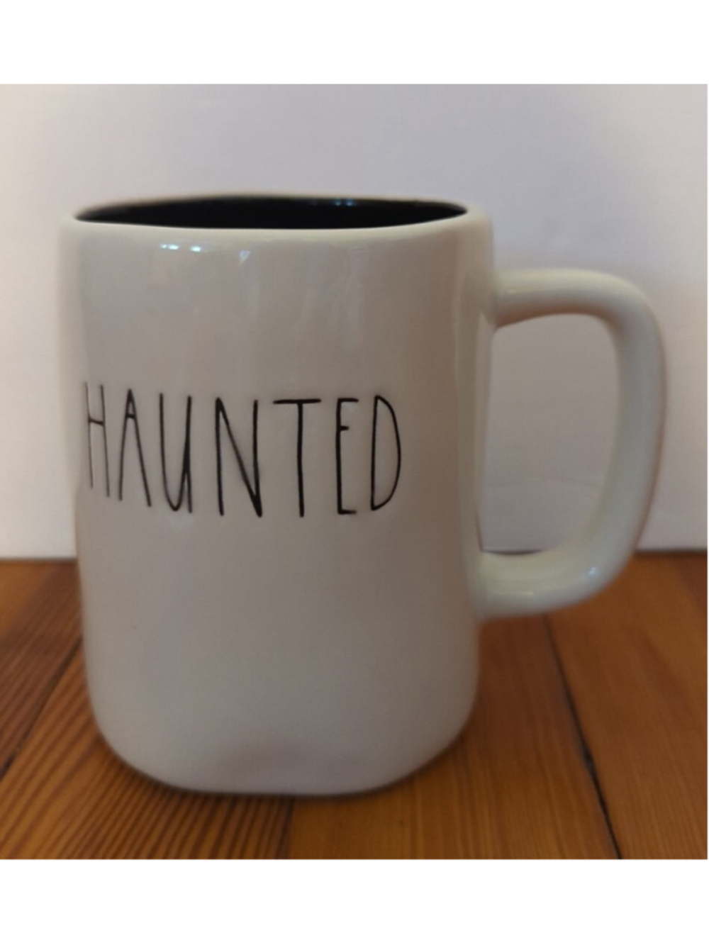 Rae Dunn HAUNTED Halloween Mug Glossy WHITE BLACK w/Defect Decor